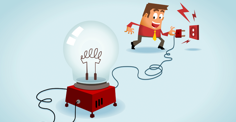 Ilustração de homem ligando as ideias na tomada