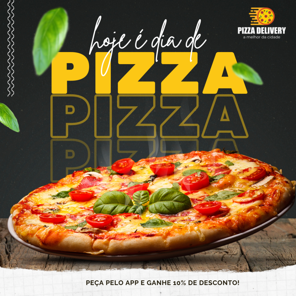 Arte para pizzaria finalizada, com uma pizza sobre a mesa, fundo preto e manjericão desfocado caindo de cima