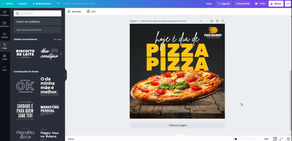 Gif dos textos sendo adicionados, demonstrando como fazer o efeito de fonte vazada. Está escrito "hoje é dia de PIZZA PIZZA".