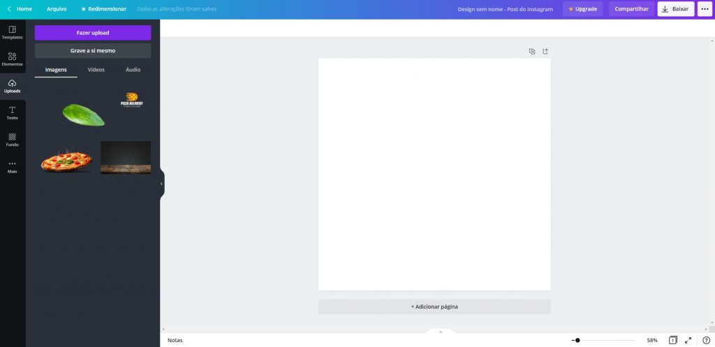 Tela de trabalho do Canva, com o menu Uploads aberto e algumas imagens adicionadas, prontas para serem trabalhadas
